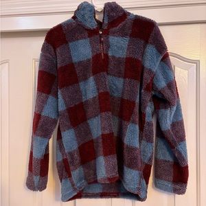 Checkered Teddy Quarter Zip Sweatshirt, soft warm sweater, blue and red